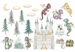 Dětská nálepka na zeď The world of dragons - draci, vajíčka, zámek, poklad a diamanty