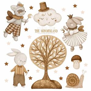 Dětská nálepka na zeď Stories from the wonderland - medvídek, zajíčci, šnek, obláčky a měsíc
