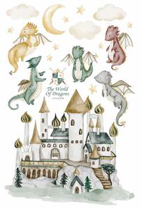 Dětská nálepka na zeď The world of dragons - draci, zámek, měsíc a hvězdy
