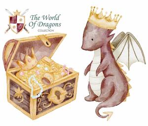 Dětská nálepka na zeď The world of dragons - drak s korunou a pokladem Rozměry: 110 x 90 cm