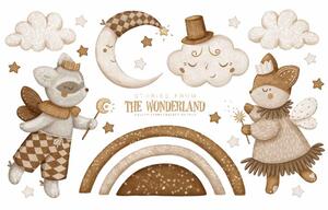 Dětská nálepka na zeď Stories from the wonderland - liška, medvídek, obláčky a měsíc