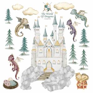 Dětská nálepka na zeď The world of dragons - draci, vajíčka, zámek a poklad