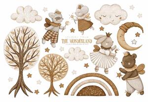 Dětská nálepka na zeď Stories from the wonderland - zajíček, myška, medvídci, obláčky a měsíc