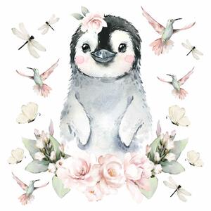 Dětská nálepka na zeď Animals among flowers - tučňák