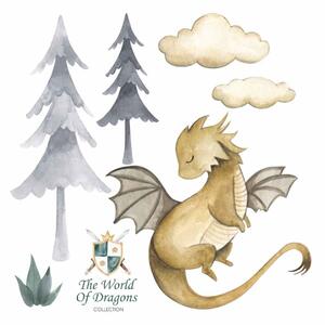 Dětská nálepka na zeď The world of dragons - drak, obláčky a strom