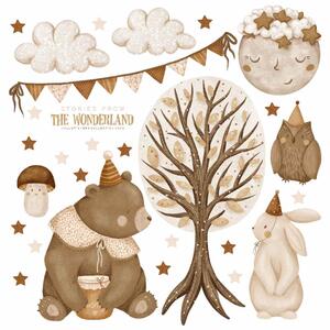 Dětská nálepka na zeď Stories from the wonderland - medvídek, zajíček, sova, obláčky a měsíc