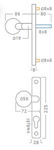 Dveřní kování ACT Eura UŠ (NEREZ), klika-klika, Otvor pro obyčejný klíč BB, AC-T Nerez, 72 mm