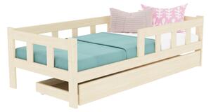 Dětská jednolůžková postel FENCE 4v1 se zábranou a úložným šuplíkem - Nelakovaná, 120x200 cm, S otevřeným vstupem