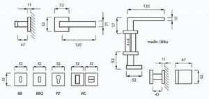 Dveřní kování MP Square-HR 2275Q (OC - ​​Chrom lesklý), klika-klika, WC klíč, MP OC (chrom lesklý)