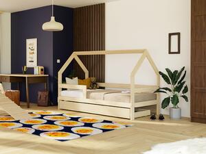 Dětská dřevěná postel domeček SAFE 3v1 se zábranou a úložným šuplíkem - Nelakovaná, 90x160 cm, S jednou zábranou