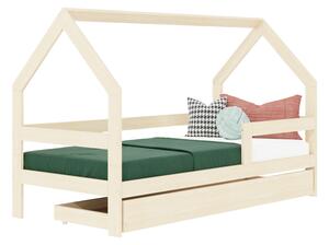 Dětská dřevěná postel domeček SAFE 3v1 se zábranou a úložným šuplíkem - Nelakovaná, 90x180 cm, S otevřeným vstupem