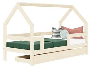 Dětská dřevěná postel domeček SAFE 3v1 se zábranou a úložným šuplíkem - Nelakovaná, 120x200 cm, S otevřeným vstupem