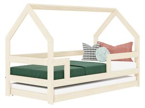 Dětská dřevěná postel domeček SAFE 3v1 se zábranou a přistýlkou - Nelakovaná, 90x180 cm, Se dvěma zábranami