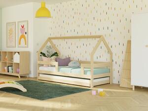 Dětská dřevěná postel domeček SAFE 3v1 se zábranou a přistýlkou - Nelakovaná, 90x180 cm, S otevřeným vstupem