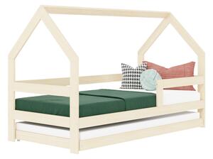 Dětská dřevěná postel domeček SAFE 3v1 se zábranou a přistýlkou - Nelakovaná, 90x180 cm, Se dvěma zábranami