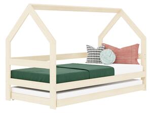 Dětská dřevěná postel domeček SAFE 3v1 se zábranou a přistýlkou - Pastelově růžová, 90x160 cm, S otevřeným vstupem