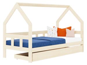 Dětská postel domeček FENCE 2v1 ze dřeva se zábranou a úložným šuplíkem - Nelakovaná, 120x200 cm, S otevřeným vstupem