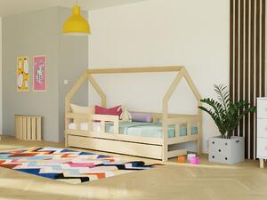 Dětská postel domeček FENCE 2v1 ze dřeva se zábranou a úložným šuplíkem - Nelakovaná, 90x160 cm, S otevřeným vstupem