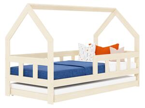 Dětská postel domeček FENCE 2v1 ze dřeva se zábranou a přistýlkou - Nelakovaná, 90x200 cm, S jednou zábranou