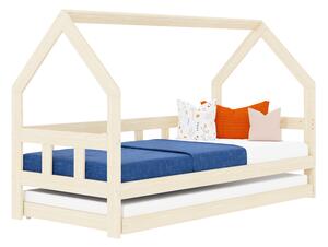Dětská postel domeček FENCE 2v1 ze dřeva se zábranou a přistýlkou - Nelakovaná, 90x160 cm, S otevřeným vstupem