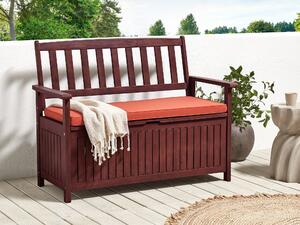 Zahradní lavice z akátového dřeva s úložným prostorem 120 cm mahagonová hnědá/červený polštář SOVANA