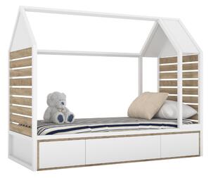 Dětské dřevěné jednolůžko domeček s úložným prostorem TUTU 90x200 cm - Bílá, dub sonoma