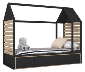 Dětské dřevěné jednolůžko domeček s úložným prostorem TUTU 90x200 cm - Černá, dub sonoma