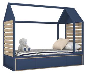 Dětské dřevěné jednolůžko domeček s úložným prostorem TUTU 90x200 cm - Modrá, dub sonoma
