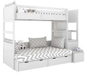 Bílá patrová postel se dvěma lůžky SIMONE s úložnými schody a policí 90x200 cm, 120x200 cm Zvolte šuplík: Bez šuplíku, Zvolte stranu: Vlevo
