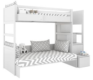 Bílá patrová postel se dvěma lůžky SIMONE s úložnými schody a policí 90x200 cm, 120x200 cm Zvolte stranu: Vpravo