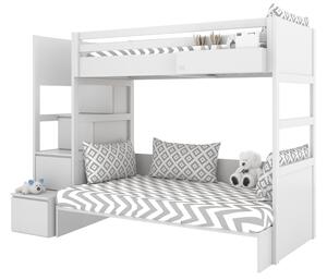 Bílá patrová postel se dvěma lůžky SIMONE s úložnými schody a policí 90x200 cm, 120x200 cm Zvolte stranu: Vlevo