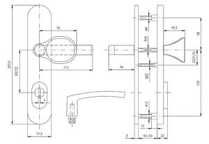 Bezpečnostní kování ROSTEX BK EL1 (HLINÍK), klika levá / madlo, Otvor na cylindrickou vložku PZ, ROSTEX Chrom lesklý-nerez, 72 mm