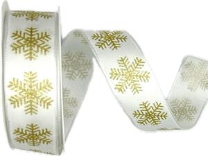 Stuha vánoční WINTER GOLD FLAKES WHITE bílá 25mm x 3m (10,-Kč/m)