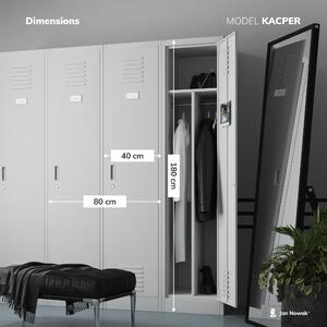 Plechová šatní skříň na soklu 4 moduly s polici KACPER II, 800 x 1800 x 500 mm, Eco Design: bílá/ dub sonoma