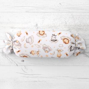 Biante Dětský polštář válec bonbon Sandra SA-763 Africká zvířátka na šedobéžových obláčcích na bílém 15x40 cm