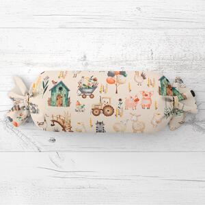 Biante Dětský polštář válec bonbon Sandra SA-762 Zvířátka na farmě na krémovém 15x40 cm