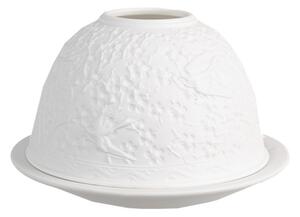 Bílý porcelánový svícen na čajovou svíčku s ptáčky ve větvích stromu – 12x8 cm
