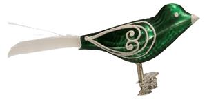 Skleněný ptáček zelený s bílým dekorem