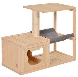 PAWHUT Domeček pro kočky vnitřní s úkrytem a hamakou dřevěný 70 x 35 x 60 cm přírodní