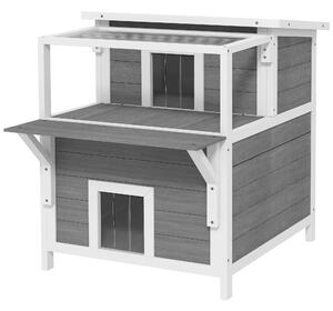 PAWHUT Domeček pro kočky venkovní s balkonem dřevěný 64 x 87 x 76 cm šedá bílá
