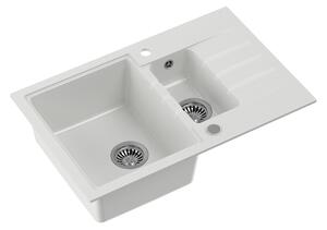 Bílý 1,5 komorový kuchyňský granitový dřez QUADRON PETER 156 bez baterie