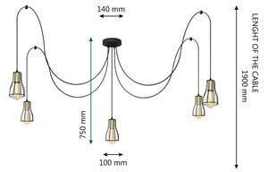 Lustr na lanku TUBE 5xE27/15W/230V pavouk černá/zlatá