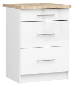 Kuchyňská skříňka OLIVIA, 3 zásuvky – 60 cm | Bílá lesklá / Dub Sonoma