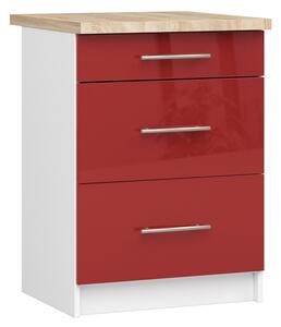 Kuchyňská skříňka OLIVIA, 3 zásuvky – 60 cm | Bílá / Červená lesklá / Dub Sonoma