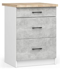 Kuchyňská skříňka OLIVIA, 3 zásuvky – 60 cm | Bílá / Beton / Dub Sonoma