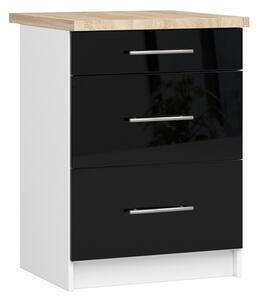 Kuchyňská skříňka OLIVIA, 3 zásuvky – 60 cm | Bílá / Černá lesklá / Dub Sonoma