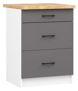 Kuchyňská skříňka OLIVIA, 3 zásuvky – 60 cm | Bílá / Šedý grafit / Dub Craft