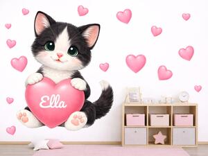 Černobílé koťátko se srdíčkem a jménem textilní přelepitelné samolepky na zeď arch 37 x 45 cm