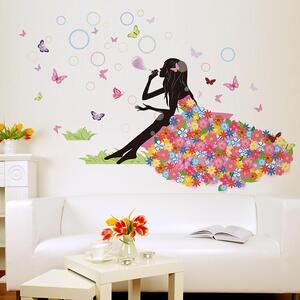 Samolepka na zeď "Sedící dívka s motýly" 132x88 cm