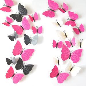 Samolepka na zeď "Plastové 3D Motýli - Růžové" 12ks 6-12 cm